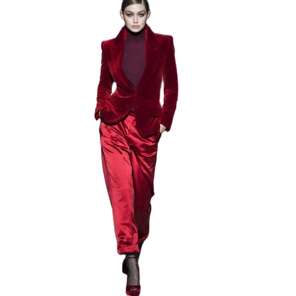 Women Formal Wear Blazers - Costume pantalon en velours rouge vin