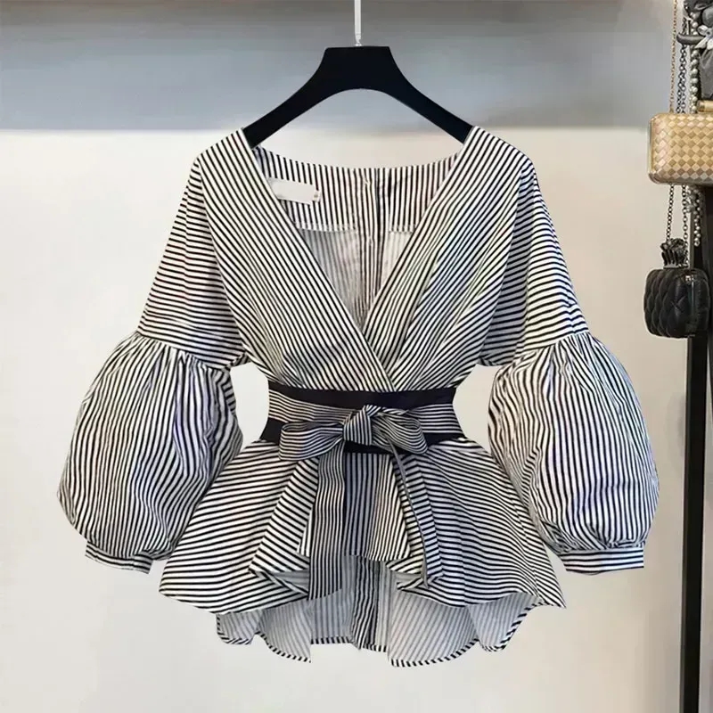 Femmes élégant col en v rayure - Women Formal Wear Tops avis et prix